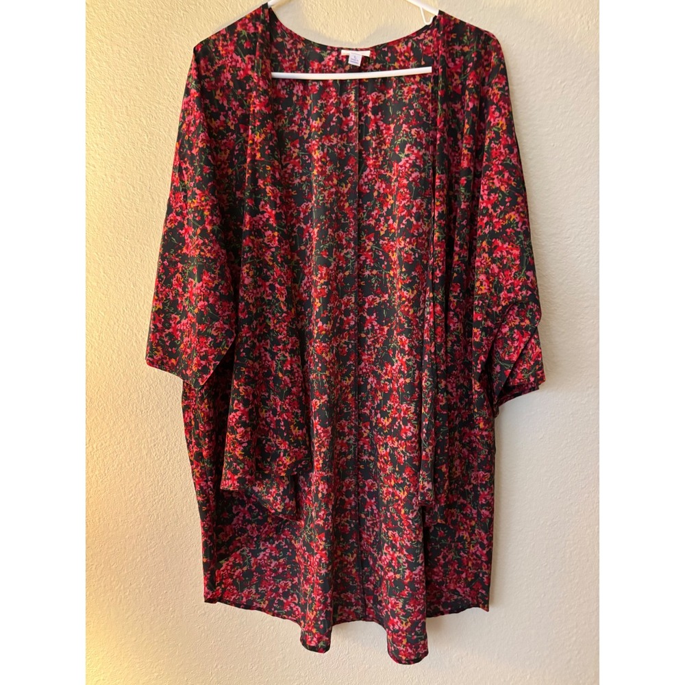 LuLaRoe Floral Kimono Cardigan Red Pink Floral Open Front Draped Top Large
A1255
